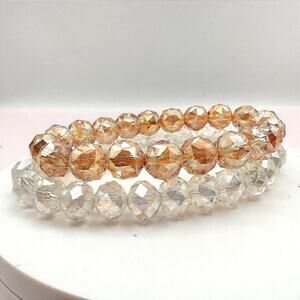Vintage 90s Amber & Clear Faceted Glass Beaded Stretch Bracelets Set Jewelry Y2K